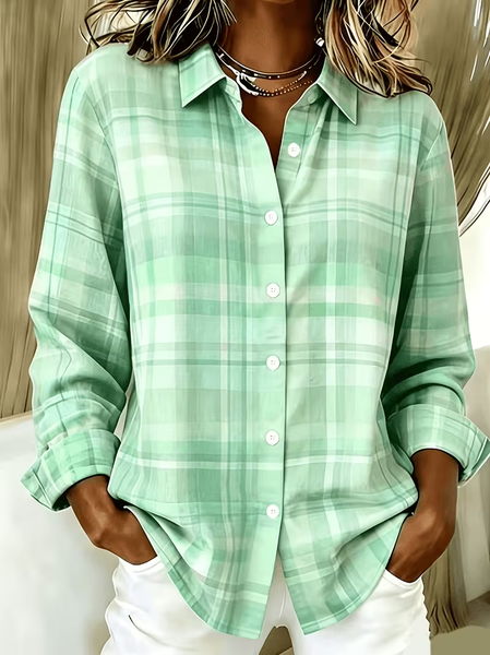 Women Plaid Shirt Collar Long Sleeve Shirt Buckle Regular Sleeve Casual Daily Spring/Fall Top