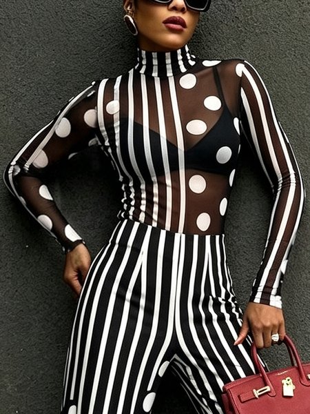 Urban Polka Dots Striped Printing Stand Collar T-shirt 1 Urban Polka Dots Striped Printing Stand Collar T-shirt