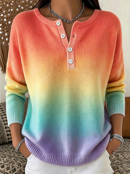 Women Ombre Henley Collar Printing Vintage Spring/Fall Long Sleeve Sweatshirt