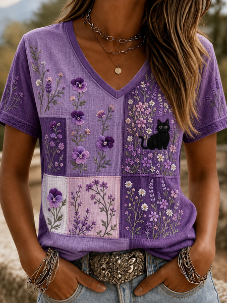 Women Floral Short Sleeve Tee T-shirt V Neck Printing Vintage Summer Top