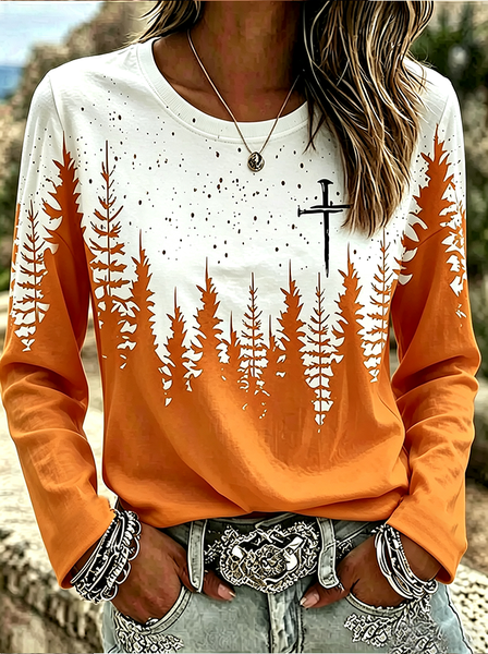 Women Tree Long Sleeve Tee T-shirt Crew Neck Printing Casual Graphic Tee Spring/Fall Top