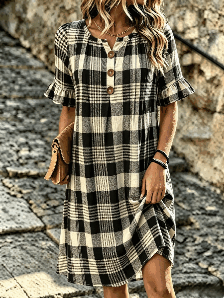 Women Plaid Half Sleeve V Neck Dress Daily Vintage Midi H-Line Summer Dress