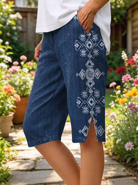 Women Plain Capris Straight Pants Vintage Summer Shorts