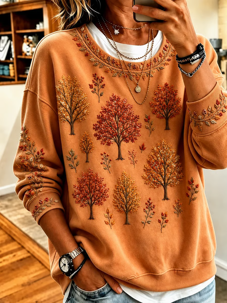 Women Maple Leaf Crew Neck Printing Casual Spring/Fall Long Sleeve Sweatshirt