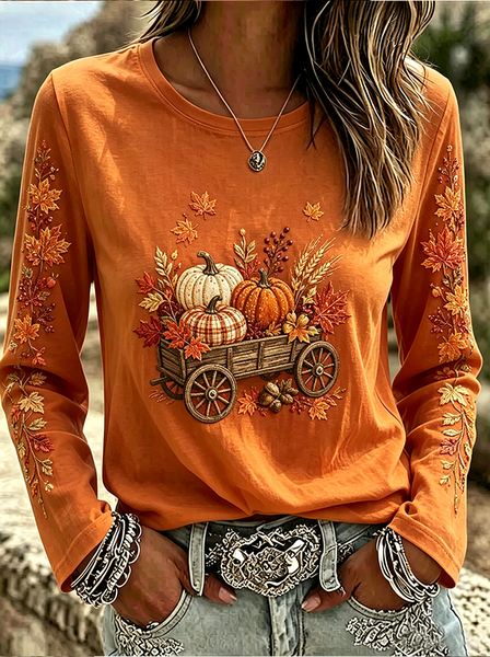 Women Maple Leaf Long Sleeve Tee T-shirt Crew Neck Printing Casual Graphic Tee Spring/Fall Top