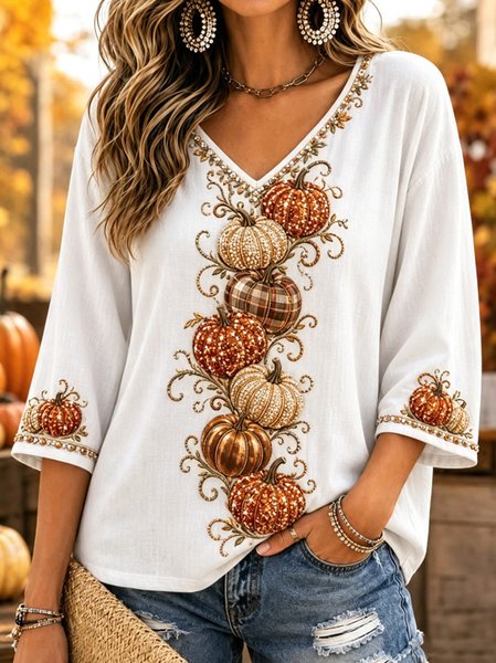 Women Pumpkin Pattern Half Sleeve Tee T-shirt V Neck Casual Summer Top