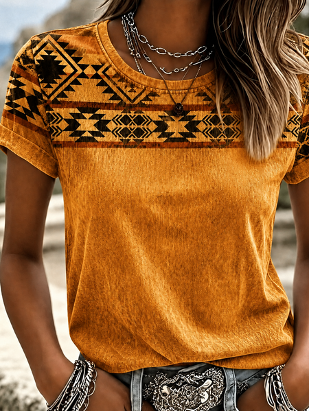 Women Ethnic Geometry Short Sleeve Tee T-shirt Crew Neck Printing Casual Summer Top