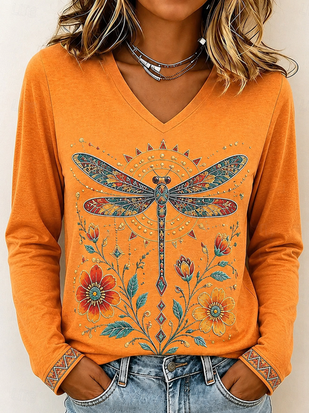 Women Floral Long Sleeve Tee T-shirt V Neck Vintage Spring/Fall Top