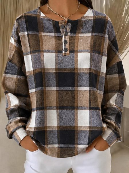 Women Plaid Henley Collar Casual Spring/Fall Long Sleeve Sweatshirt