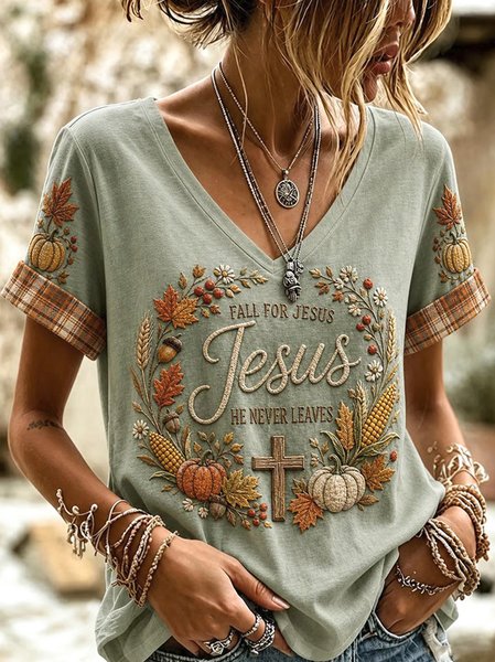 Women Cross Short Sleeve Tee T-shirt V Neck Vintage Summer Top