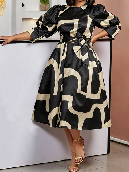 Elegant Geometric Puff Sleeve Crew Neck Midi Dress With Belt 1 Elegant Geometric Puff Sleeve Crew Neck Midi Dress With Belt