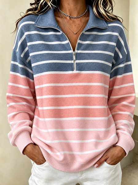 Women Striped Half Open Collar Casual Spring/Fall Long Sleeve Sweatshirt