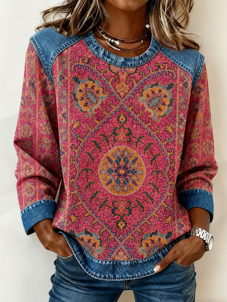 Women Floral Crew Neck Printing Casual Spring/Fall Long Sleeve Sweatshirt