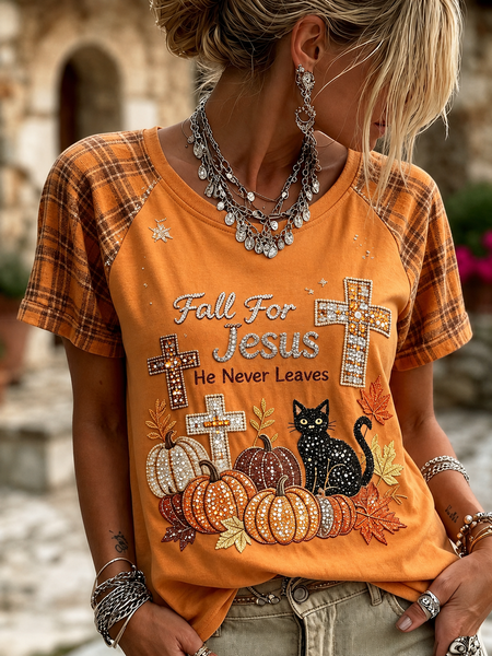 Women Plaid Short Sleeve Tee T-shirt Crew Neck Printing Casual Summer Top