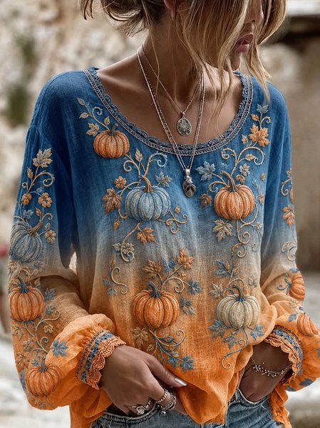 Women Pumpkin Pattern Crew Neck Long Sleeve Blouse Printing Casual Holiday Spring/Fall Top