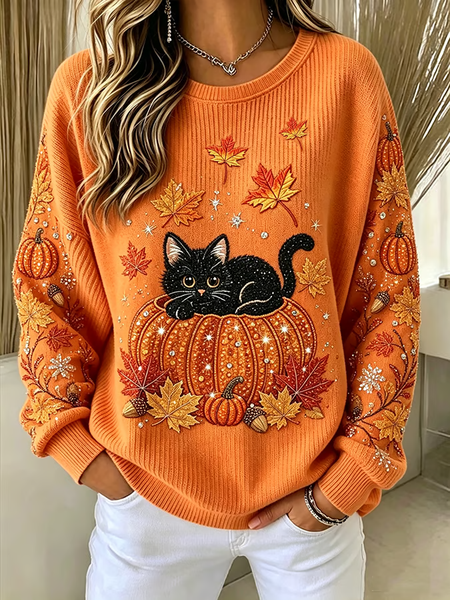 Women Cat Crew Neck Printing Casual Spring/Fall Long Sleeve Sweatshirt