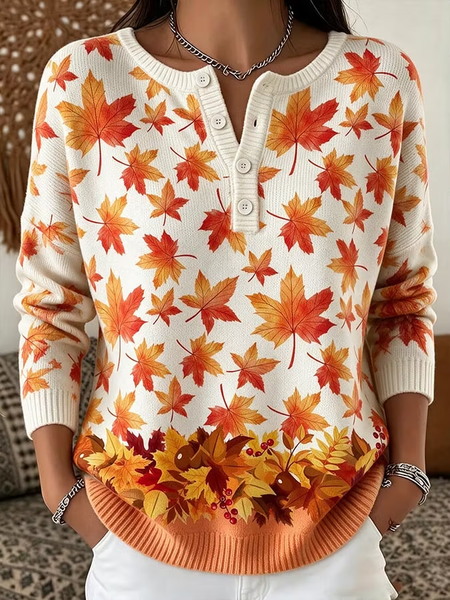 Women Maple Leaf Long Sleeve Tee T-shirt Henley Collar Casual Spring/Fall Top