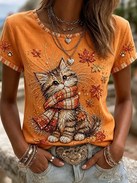 Women Cat Short Sleeve Tee T-shirt Crew Neck Printing Casual Graphic Tee Summer Top