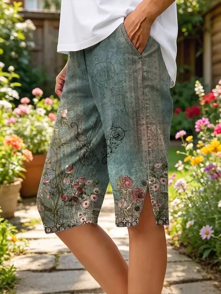 Women Floral Capris Straight Pants Vintage Summer Shorts