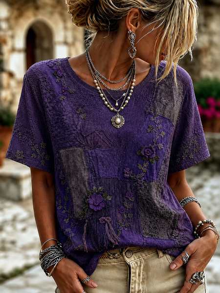 Women Floral Short Sleeve Tee T-shirt Crew Neck Printing Casual Summer Top