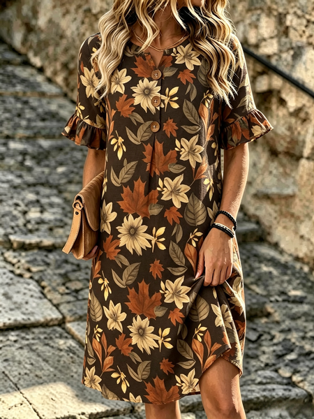 Women Maple Leaf Half Sleeve V Neck Dress Holiday Vintage Midi H-Line Summer Dress