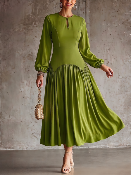 Elegant Plain Gathered Midi Dress 1 Elegant Plain Gathered Midi Dress