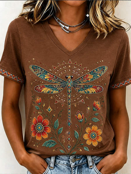 Women Geometric Short Sleeve Tee T-shirt V Neck Vintage Summer Top