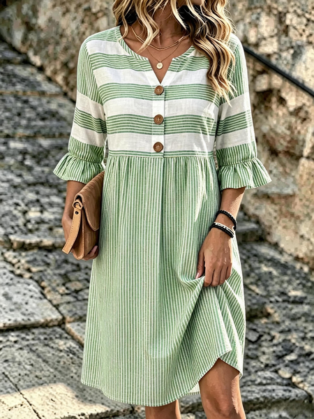 Women Striped Half Sleeve V Neck Dress Daily Casual Midi H-Line Summer Dress