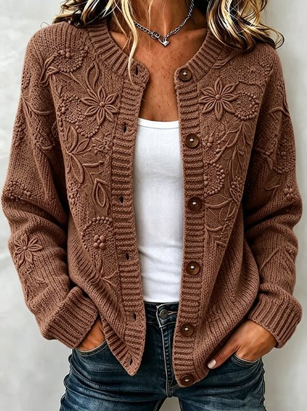 Women Floral Long Sleeve Crew Neck Casual Spring/Fall Cardigan Outerwear