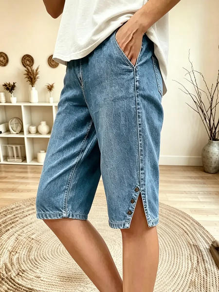 Women Plain Capris Straight Pants Vintage Summer Shorts
