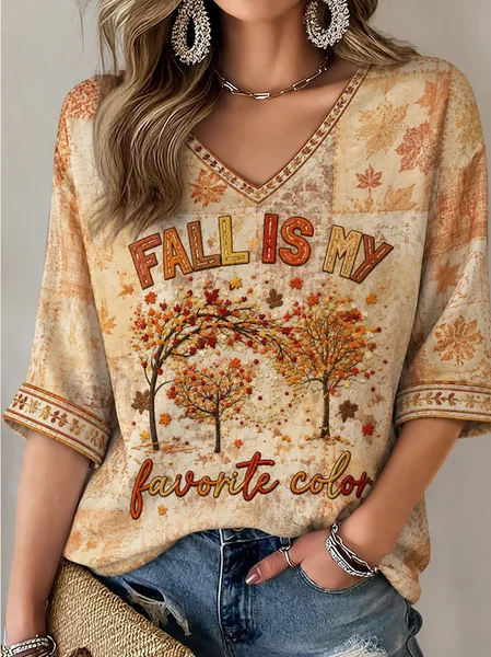 Casual Text Letters V Neck Half Sleeve T-shirt