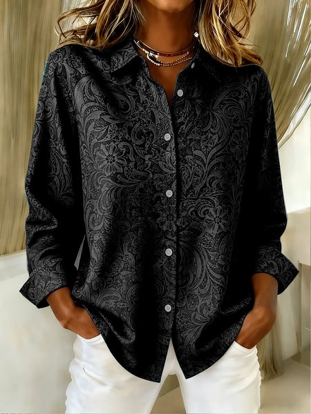 Women Floral Pattern Vintage Shirt Collar Long Sleeve Top