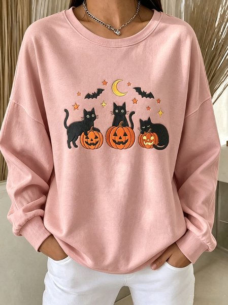Casual Cat Crew Neck Long Sleeve Sweatshirt