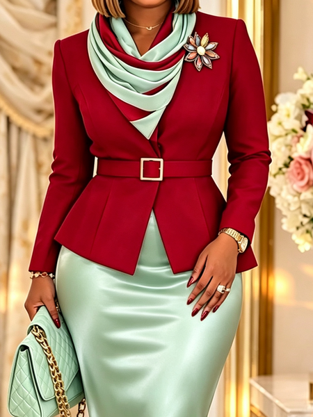 Urban Buttoned Polka Dots Cross Neck Blazer With Belt With Scarf Urban Buttoned Polka Dots Cross Neck Blazer With Belt With Scarf