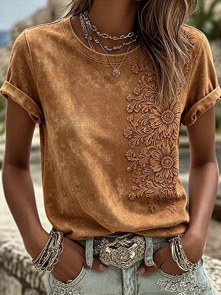 Casual Floral Crew Neck Short Sleeve T-shirt