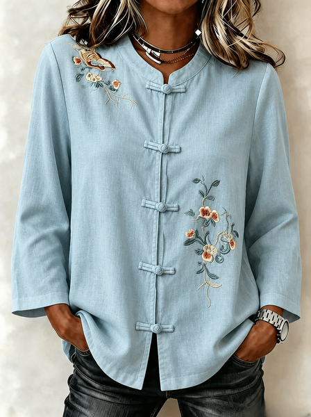 Women Floral Casual Shirt Mandarin Collar Long Sleeve Top