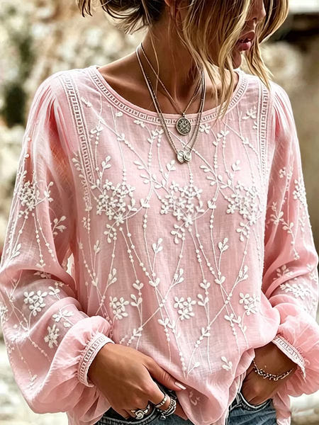 Women Floral Casual Blouse Crew Neck Long Sleeve Printing Top