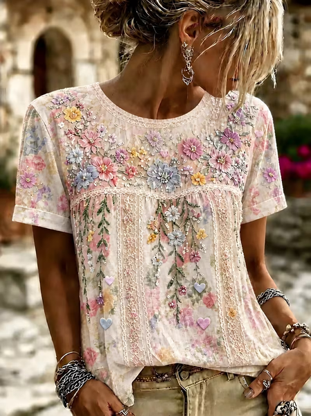 Casual Floral Crew Neck Short Sleeve T-shirt