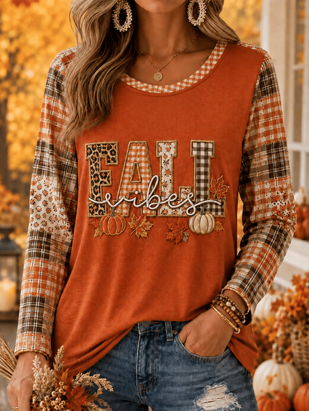 Casual Plaid Crew Neck Long Sleeve T-shirt