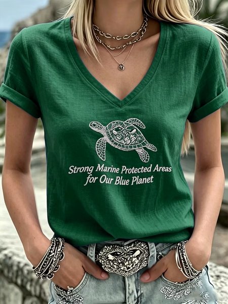 Vintage Text Letters V Neck Short Sleeve T-shirt