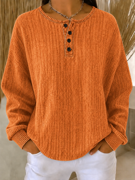 Casual Plain Henley Collar Long Sleeve Sweatshirt