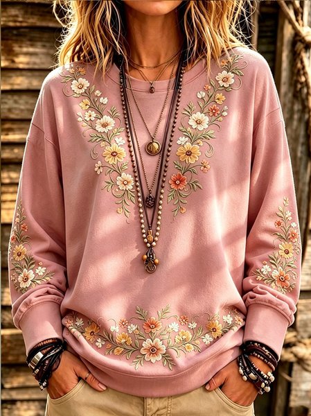 Casual Floral Crew Neck Long Sleeve Sweatshirt