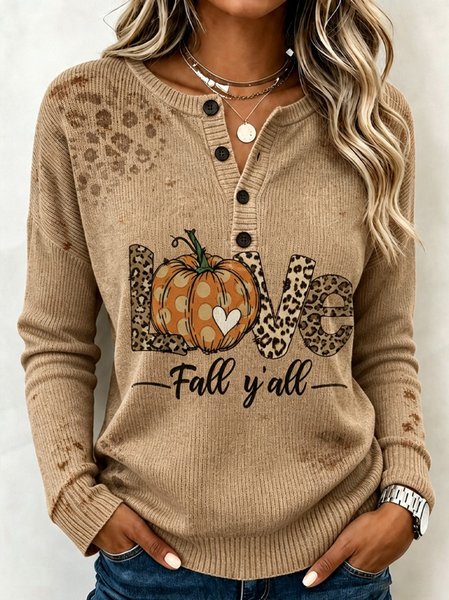Casual Pumpkin Pattern Henley Collar Long Sleeve T-shirt