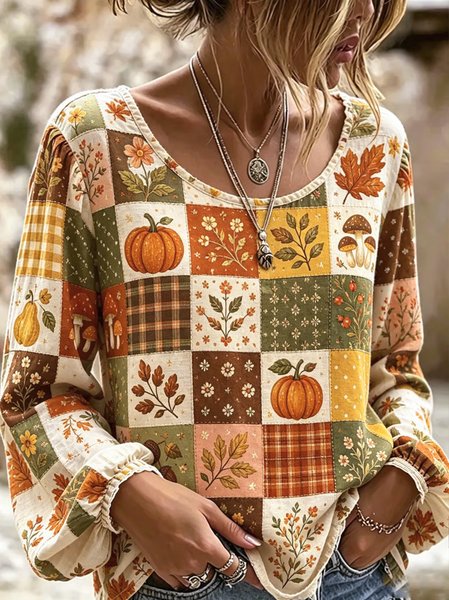 Women Plaid Casual Blouse Crew Neck Long Sleeve Printing Top