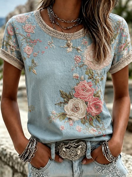 Vintage Floral Crew Neck Short Sleeve T-shirt