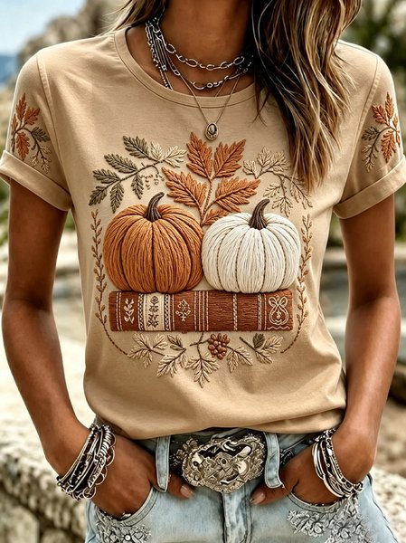 Vintage Pumpkin Pattern Crew Neck Short Sleeve T-shirt