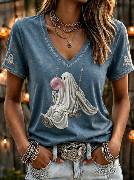 Vintage Halloween V Neck Short Sleeve T-shirt