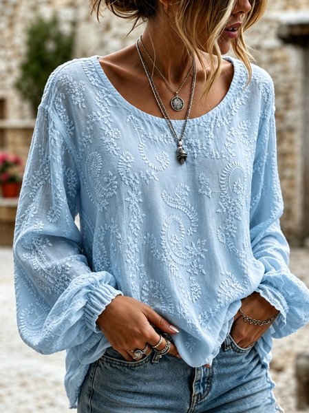 Women Floral Casual Blouse Crew Neck Long Sleeve Printing Top