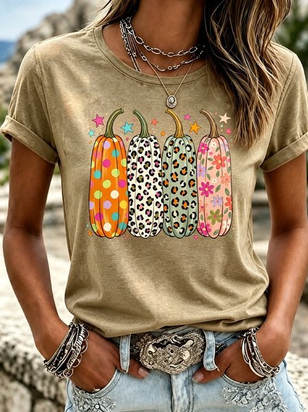 Vintage Pumpkin Pattern Crew Neck Short Sleeve T-shirt
