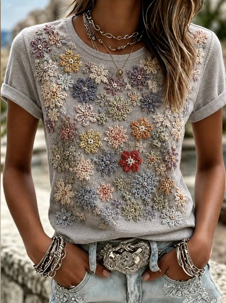 Vintage Floral Crew Neck Short Sleeve T-shirt